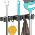 Wall Mounted Broom Holder without Drilling, Wall Mounted Broom Holder with 3 Brackets and 2 Hooks, Wall Mounted Broom Holder with Screws, Wall Mounted Broom Holder, Garden Tool Storage, Black