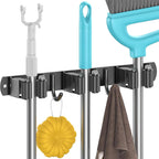 Wall Mounted Broom Holder without Drilling, Wall Mounted Broom Holder with 3 Brackets and 2 Hooks, Wall Mounted Broom Holder with Screws, Wall Mounted Broom Holder, Garden Tool Storage, Black