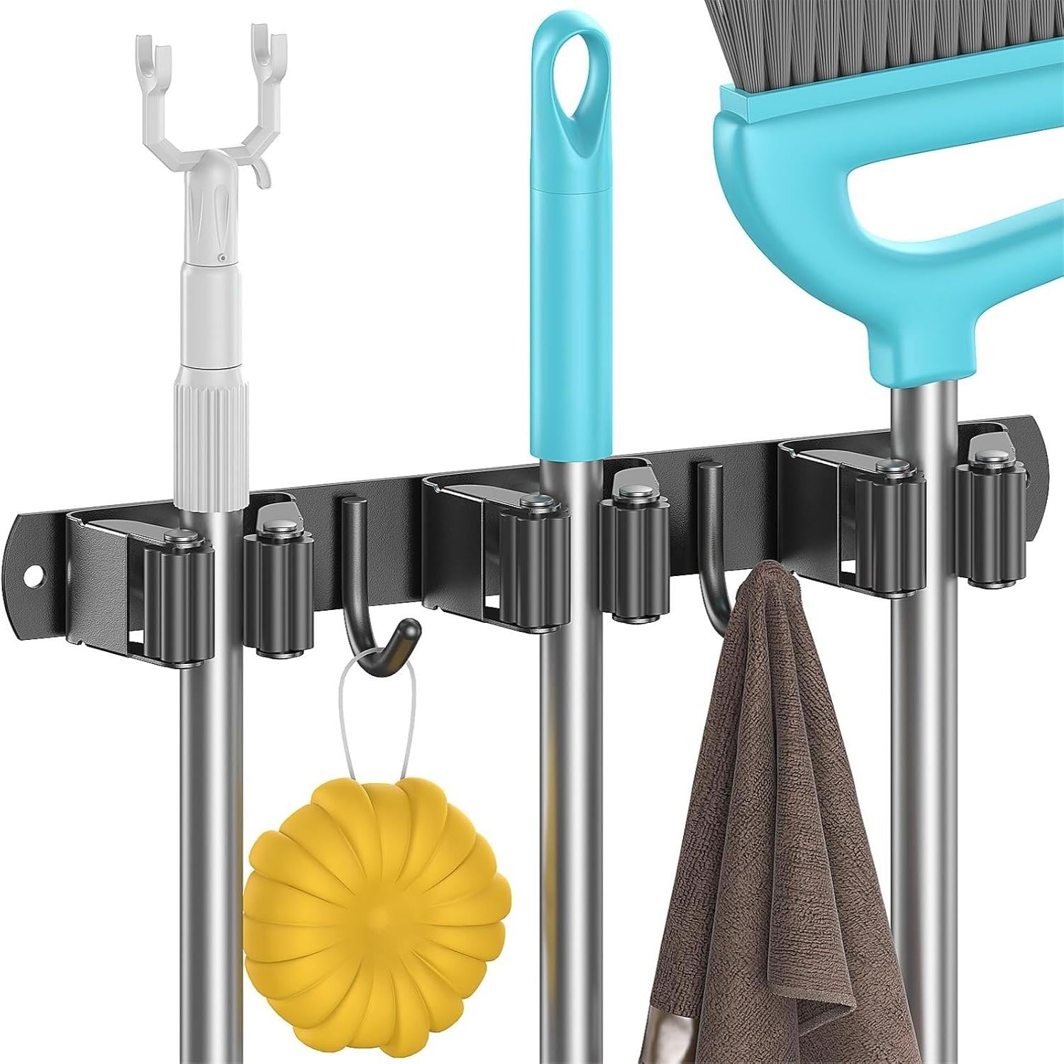 Wall Mounted Broom Holder without Drilling, Wall Mounted Broom Holder with 3 Brackets and 2 Hooks, Wall Mounted Broom Holder with Screws, Wall Mounted Broom Holder, Garden Tool Storage, Black