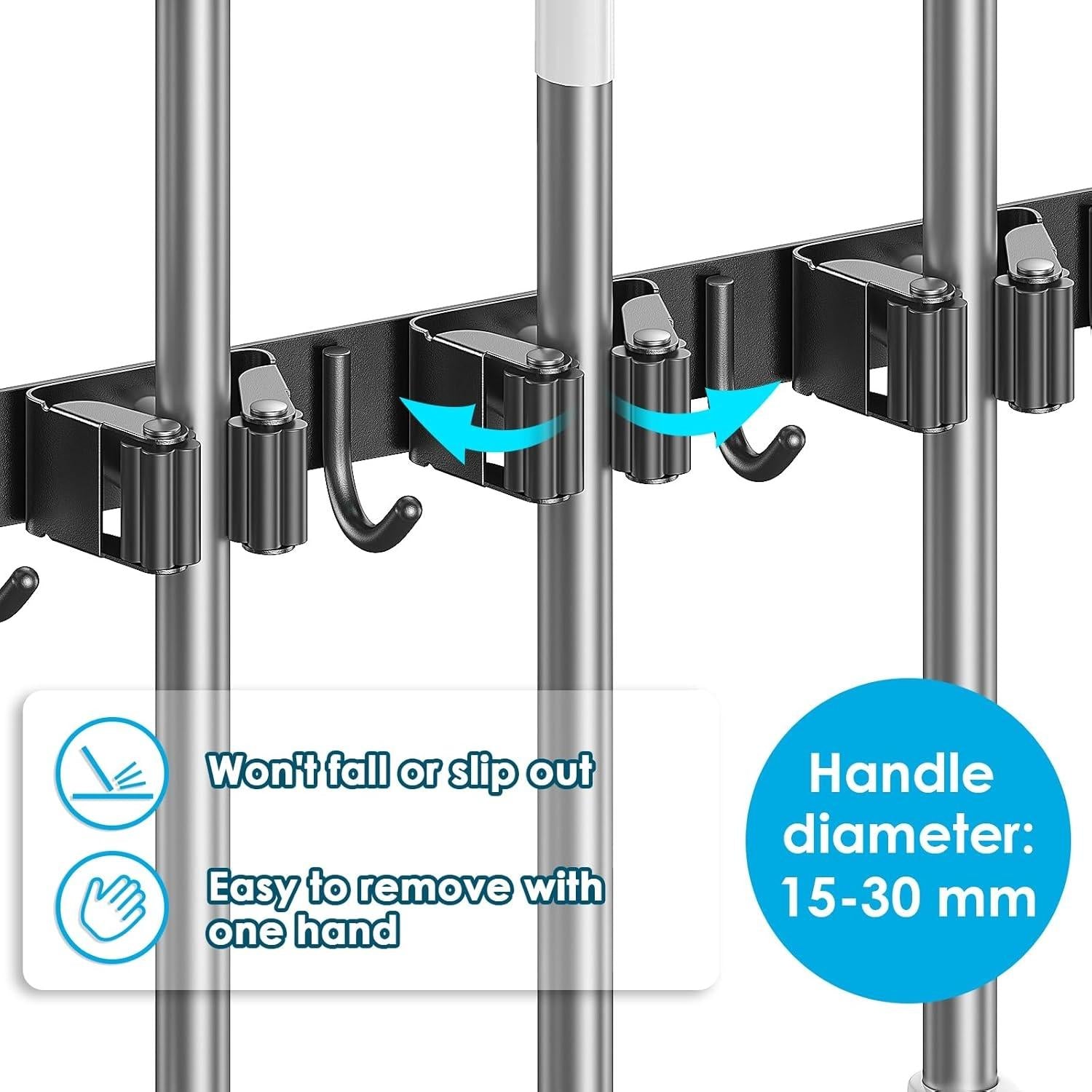 Wall Mounted Broom Holder without Drilling, Wall Mounted Broom Holder with 3 Brackets and 2 Hooks, Wall Mounted Broom Holder with Screws, Wall Mounted Broom Holder, Garden Tool Storage, Black