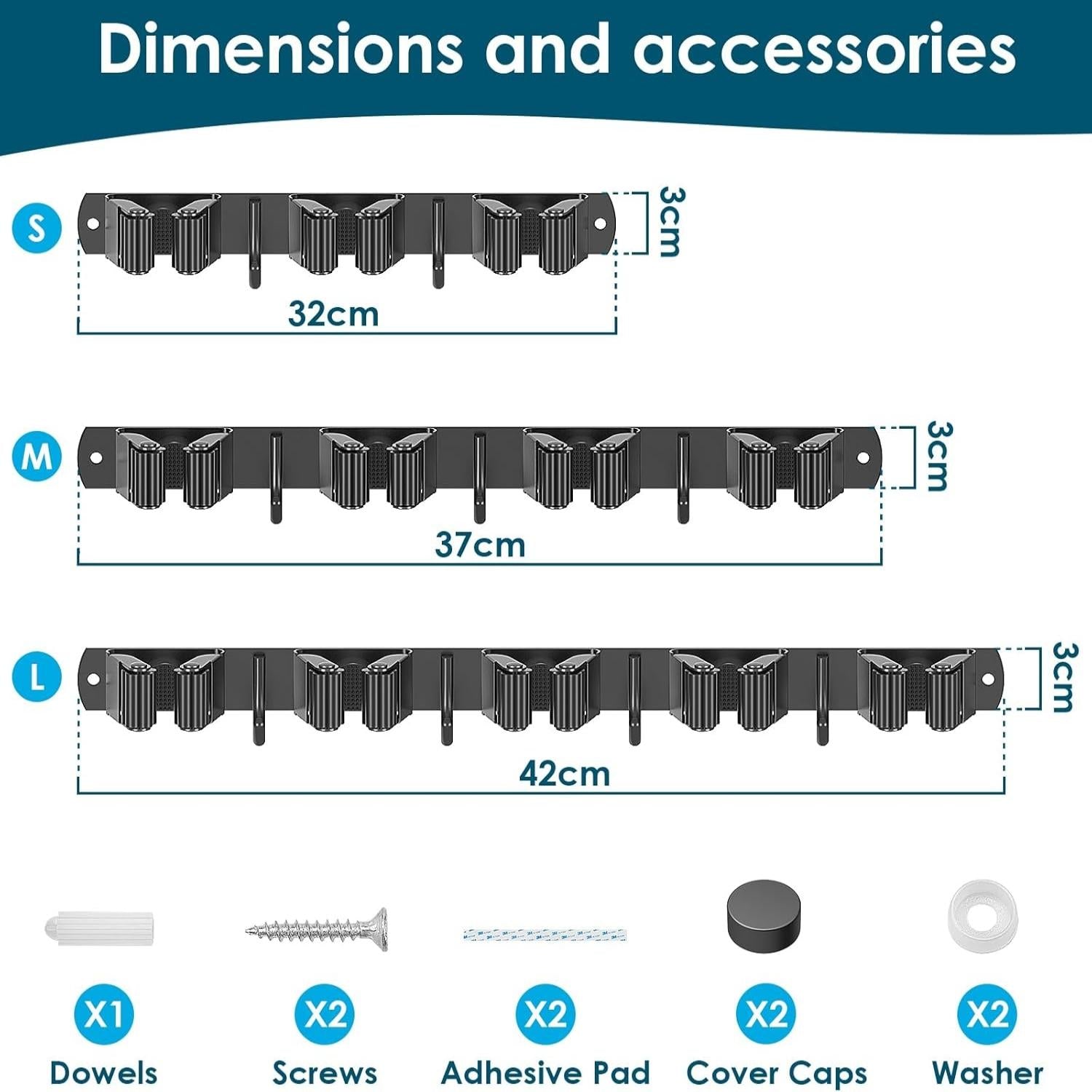 Wall Mounted Broom Holder without Drilling, Wall Mounted Broom Holder with 3 Brackets and 2 Hooks, Wall Mounted Broom Holder with Screws, Wall Mounted Broom Holder, Garden Tool Storage, Black