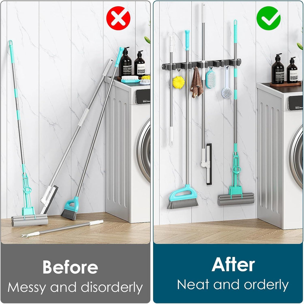 Wall Mounted Broom Holder without Drilling, Wall Mounted Broom Holder with 3 Brackets and 2 Hooks, Wall Mounted Broom Holder with Screws, Wall Mounted Broom Holder, Garden Tool Storage, Black