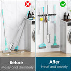 Wall Mounted Broom Holder without Drilling, Wall Mounted Broom Holder with 3 Brackets and 2 Hooks, Wall Mounted Broom Holder with Screws, Wall Mounted Broom Holder, Garden Tool Storage, Black