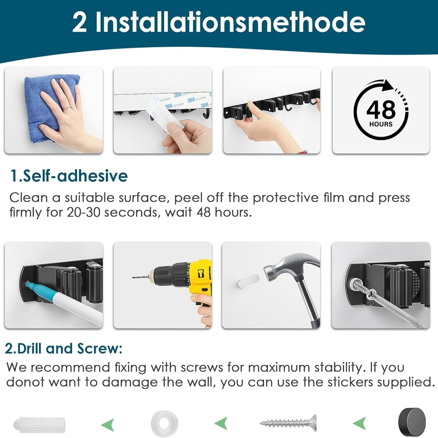 Wall Mounted Broom Holder without Drilling, Wall Mounted Broom Holder with 3 Brackets and 2 Hooks, Wall Mounted Broom Holder with Screws, Wall Mounted Broom Holder, Garden Tool Storage, Black