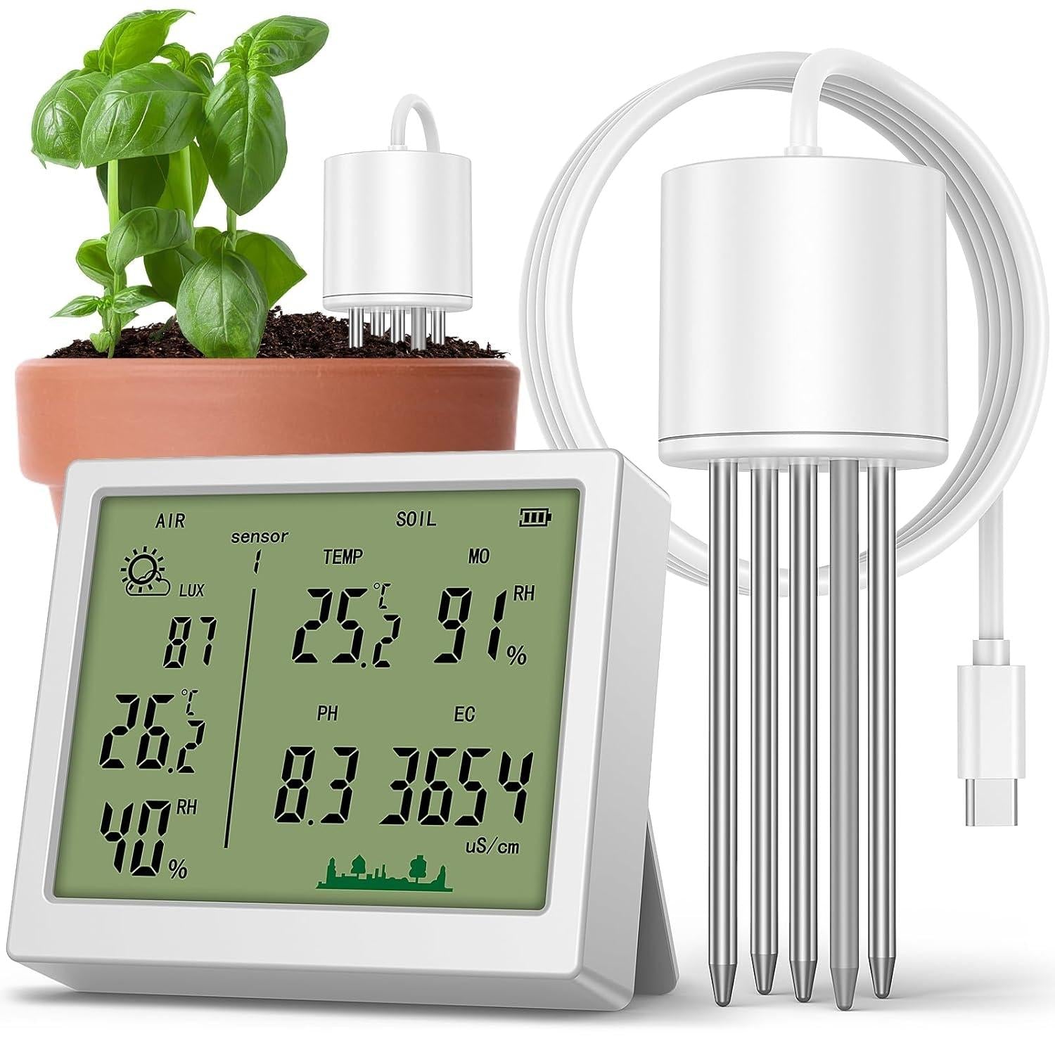 Plant Moisture Tester, 7-in-1 Soil Moisture Sensor Compatible with 32 Sensors, 100 m Range for Measuring Humidity, PH, EC, Temperature, Ambient Lighting for Garden, Greenhouse, Precision Farming