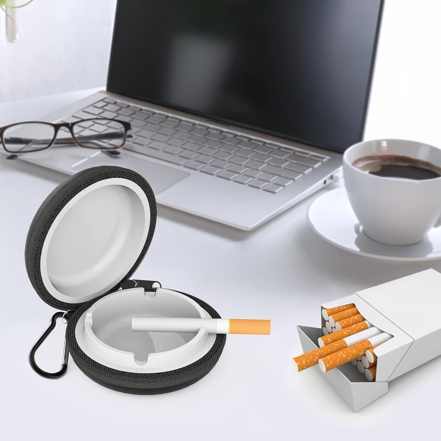 Portable Ashtray, Zipper Pocket Ashtray in Metal Sealed Anti-Odor with Key Ring for Travel, Smoking, Hiking, White