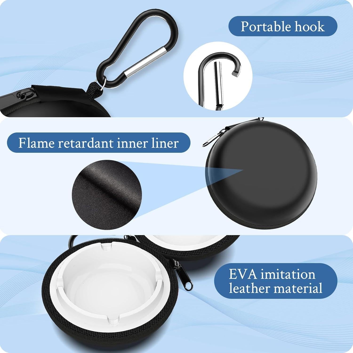 Portable Ashtray, Zipper Pocket Ashtray in Metal Sealed Anti-Odor with Key Ring for Travel, Smoking, Hiking, White