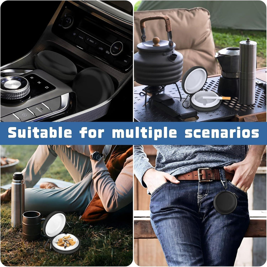 Portable Ashtray, Zipper Pocket Ashtray in Metal Sealed Anti-Odor with Key Ring for Travel, Smoking, Hiking, White